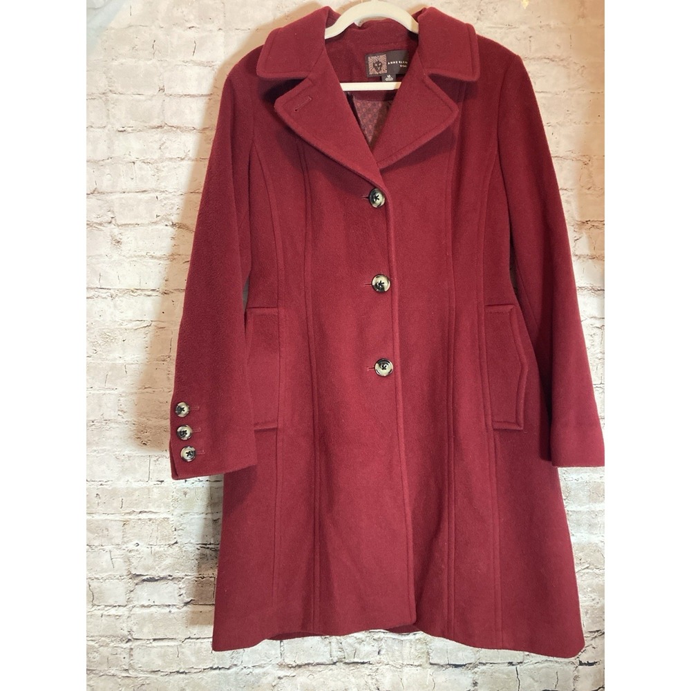 Anne Klein Swing Pea Coat 10 In Wool & Cashmere Cranberry Red Heavyweight Pocket